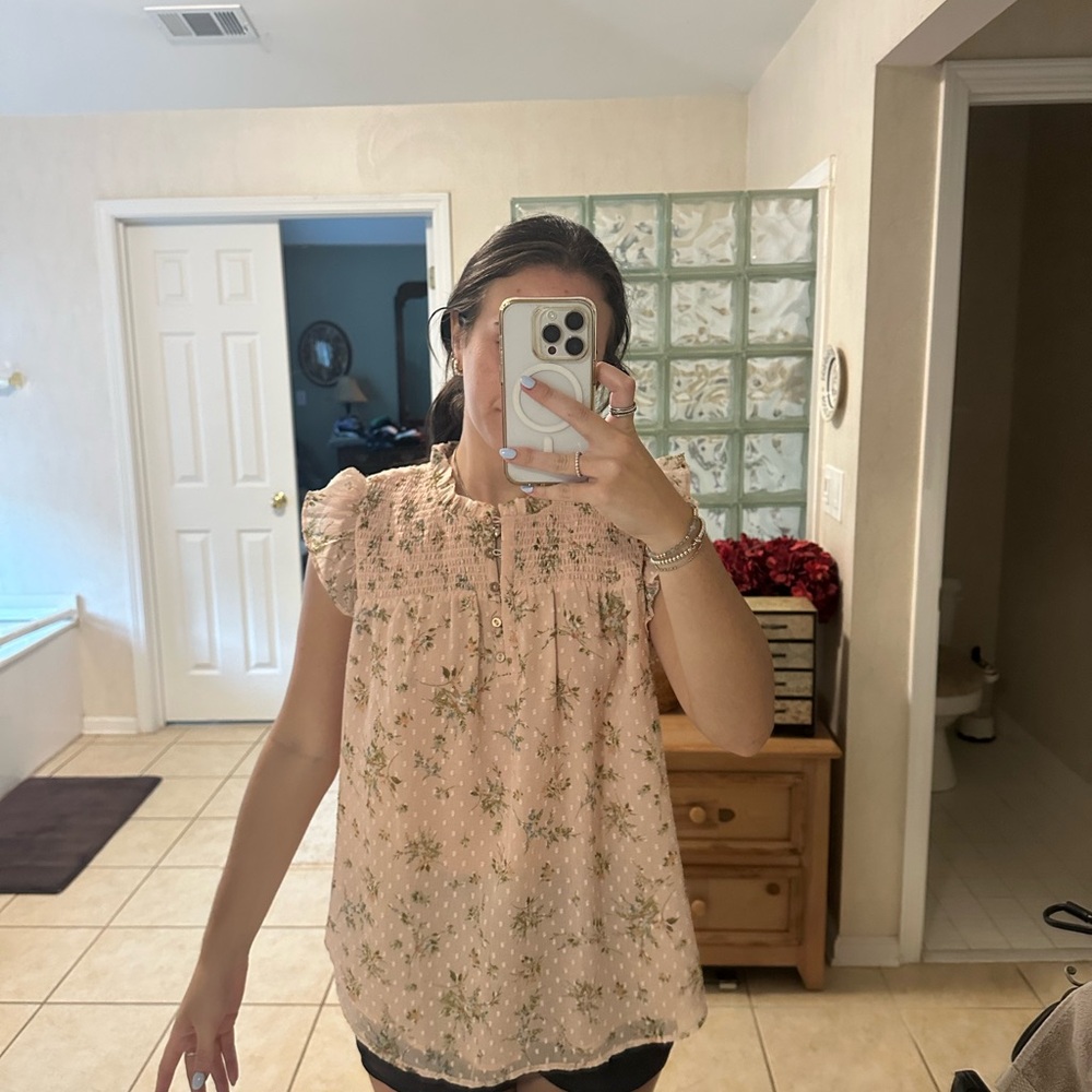 LOFT Tan Sleeveless Ruffled Bib Collar Blouse